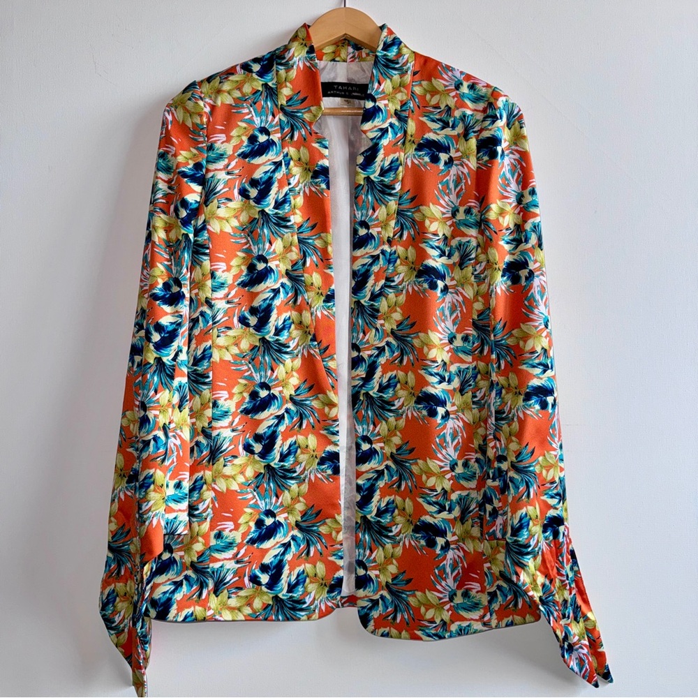 Tahari ASL Open Front Blazer Tie Cuff Sleeve Bold Tropical Maximalism SZ2 Jacket